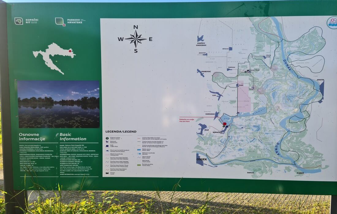 Map of Kopacki Rit Nature Park at the park entrance